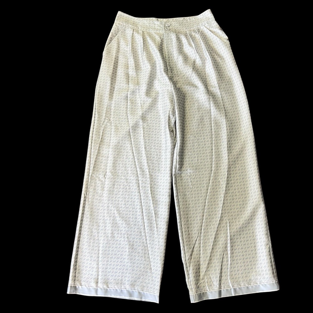 Le'AL.X Logo Print Satin High Waisted Pleated Front Pant‎ XL Platinum White Boho